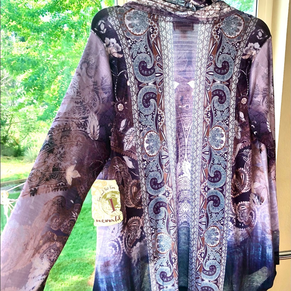 💜One World Ruched printed loose knit purple long cardigan duster sweater NEW💜 - Picture 4 of 6